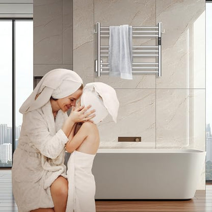 K&KALONZO Wall-Mounted 9-Bar Heated Towel Rack, Fast Heat in 2 Min, NTC Safety | 4 Timers & 3 Heat Levels Control, Plug-In/Hardwired, Top Hooks, Memory Function, Anti-Scald, Stainless Steel, EL13SP - color: Polished, size: H 19.7 x W 23.6
