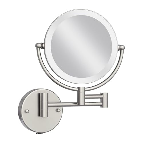 Brass Makeup Mirror with Lights Wall Mounted 10X Magnification, Hardwired | 8 Inches 2 Sides, Bathroom Vanity Shaving, 360 Rotation Extended Swing Arm, 3 Color Lighting Touch Dimming, Brushed Nickel - color: Brushed Nickel
