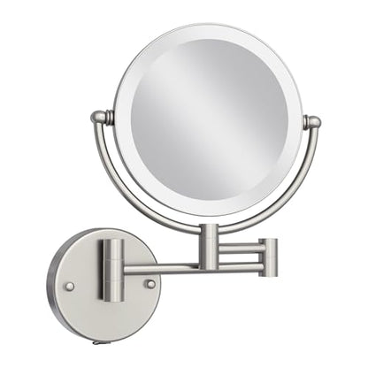 Makeup Mirror Wall Mounted with Lights and Magnification 10X, Rechargeable | 8 Inches Double-Sided, 3 Color LED Touch Dimmable, Brass Extended Swing Arm, Bathroom Vanity Cosmetic, Brushed Nickel - color: Brushed Nickel
