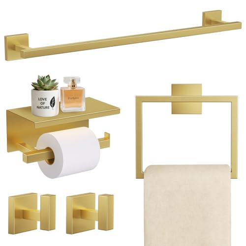 TURS Brushed Gold 5 Pieces Bathroom Hardware Set, SUS304 Stainless Steel 23.6 Inch Bath Towel Bar Set, Square Bathroom Accessories Kit Wall Mounted - color: Brushed Gold