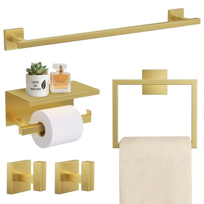 TURS Brushed Gold 5 Pieces Bathroom Hardware Set, SUS304 Stainless Steel 23.6 Inch Bath Towel Bar Set, Square Bathroom Accessories Kit Wall Mounted - color: Brushed Gold