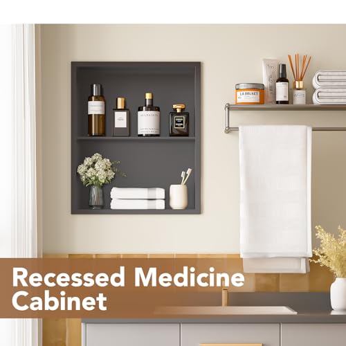 14x18 Recessed Medicine Cabinet, Bathroom Wall Cabinet, 304 Stainless Steel Recessed Wall Niche with 2-Tiers Shelves, Matte Gray - color: Matte Gray, size: 14'' x 18''