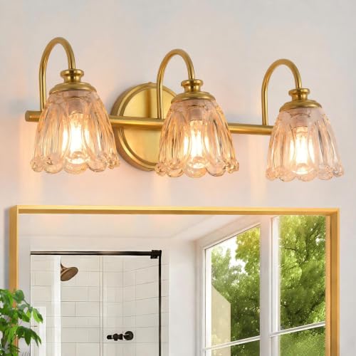 Bathroom Light Fixtures (3-Light), Vintage Brushed Gold Vanity Lights for Bathroom with Amber Tulip Crystal Glass Shade, Vanity Wall Light Over Mirror for Bedroom Living Room Hallway - color: Gold and Amber, size: 3-Light