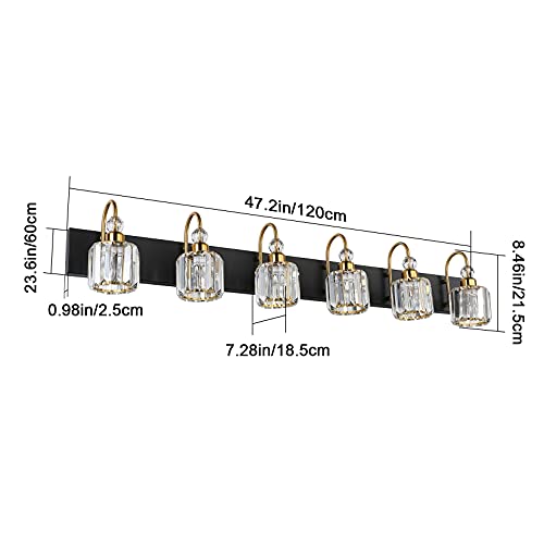 Ralbay Crystal Vanity Lights 6-Lights Modern Crystal Bathroom Vanity Lights Over Long Mirror Modern Black Gold Bathroom Vanity Lighting Fixtures - color: Round-Black+Gold, size: 6-light