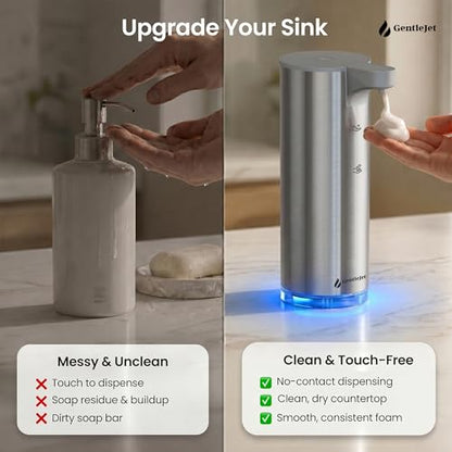 GentleJet EasyFoam Automatic Foaming Soap Dispenser, Touchless USB-C Rechargeable Sensor Pump, 304 Stainless Steel, Adjustable Foam, IPX5 Water-Resistant for Bathroom & Kitchen, 10 fl oz / 300 mL - color: Silver