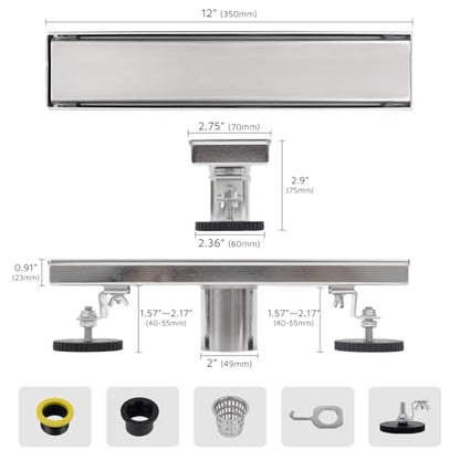 12 Inch Linear Shower Drain Brushed Nickel, Rectangular Reversible 2 in 1 Tile Insert Grate, 304 Stainless Steel Shower Floor Drain Kit, Hair Catcher, Leveling Feet - color: Brushed Nickel, size: 3"x 12"-Tile Insert