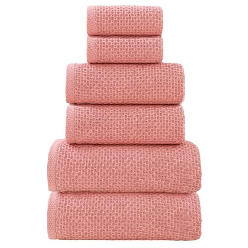 SK Studio 6 Piece Dark Pink Bath Towels Set Cotton Waffle Bathroom Towels | 2 Bath Towels, 2 Hand Towels, 2 Washcloths Quick Dry for College Dorm, Spa - color: Dark Pink