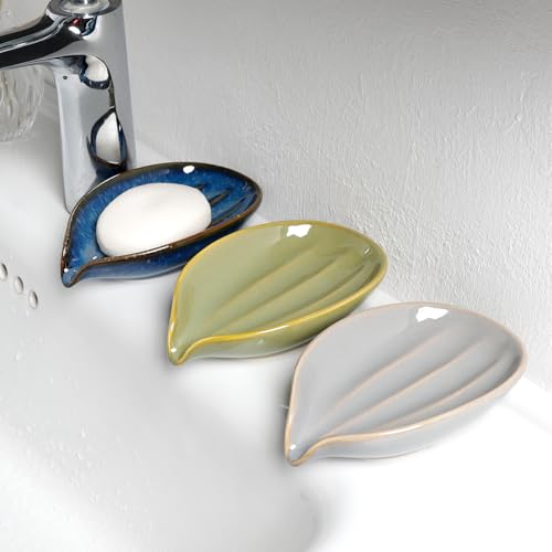 Soap Holder, Self-Draining Soap Dish, Leaf Shape Ceramic Green Bar Soap Holder Drain Soap Dishes for Bathroom Sink Kitchen, Easy to Clean Keeps Soap Dry, ANTIS'S HOME - color: Green-1pcs