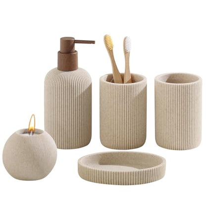 Bathroom Accessories Set, 5 PCS Modern Bath Organizer, Beige | Sandstone Look, Stripe,13.53 OZ Soap Dispenser,Toothbrush Holder,Tumbler,Soap Dish,Candle Holder for Countertop Kitchen Sink - color: Beige