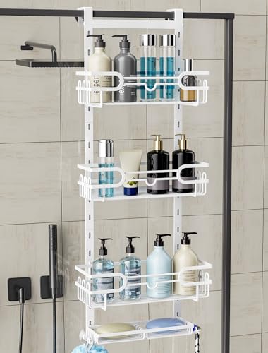 Consumest Over The Door Shower Caddy - 4 Tier Adjustable Hanging Shower Organizer Shelf with 2 Soap Holders & 22 Hooks, Rustproof Easy Installation Hanging Storage Rack for Bathroom, White - color: White, size: 4-tier