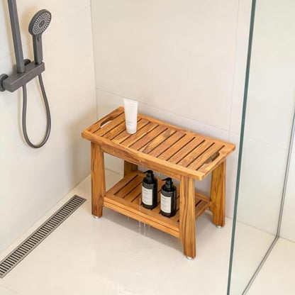 NNN 24" Home Teak Shower Bench with Japan-Made Non-Slip Leveling Feet | US Patented Design, Marine-Grade Hardware, Pre-Oiled European Teak Oil, Ready, 300lb, for Showers Spa Sauna & Outdoor Pools - size: 24"W x 13" Dx 18"H