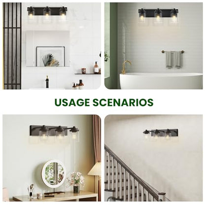Bathroom Vanity Light, 3-Light Modern Black Vanity Light Fixtures with Clear Glass Shade, 22in Matte Black Bathroom Light Fixtures Over Mirror, Rustic Restroom Lighting Fixtures - color: Black, size: 3-Light