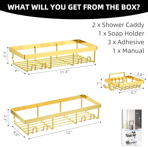 Moforoco 3-Pack Shower Caddy Basket Shelf with Soap Holder, No Drilling Traceless Adhesive Shower Wall Shelves, Rustproof Black Bathroom Shower Storage Organizer - color: Gold