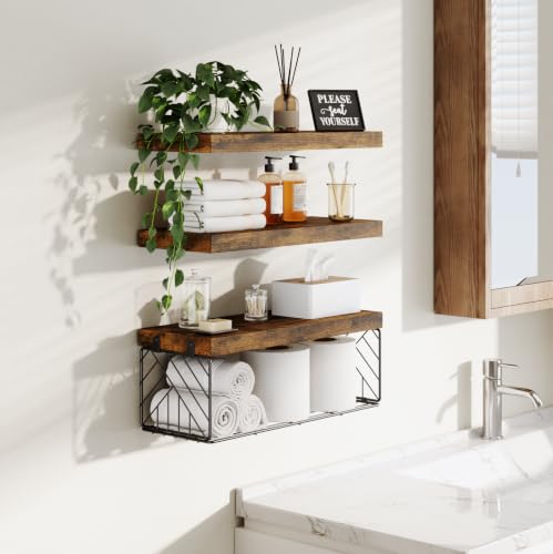 BAYKA Rustic Brown Floating Bathroom Shelves, 15.7in, 3Pk, Wall Mount Shelf | Metal Mesh Storage Basket, Easy Install, 22lbs Max Load, Hidden Bracket, for Over Toilet Bedroom Decor, Multi-Wall Compatible