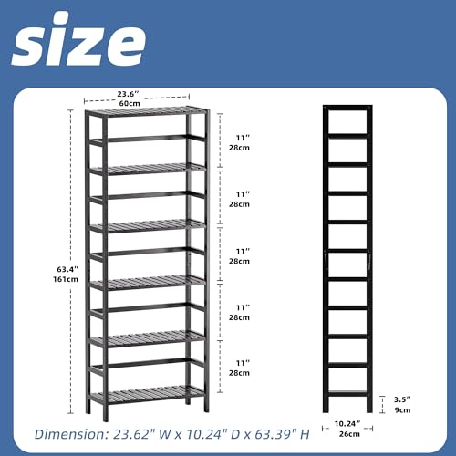 HITNET Bamboo Bookshelf, 6-Tier Tall Open Bookcase with Adjustable Shelves, Floor Standing Storage Shelf Unit for Living Room Bathroom Home Office, Black - color: Black