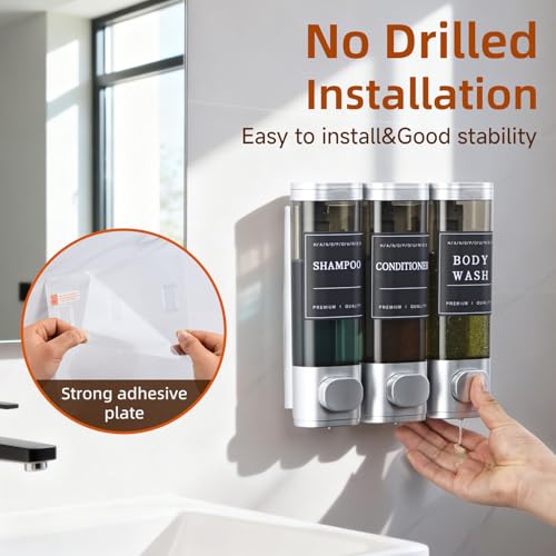 Shampoo and Conditioner Dispenser,Shower Soap Dispenser 3 Chamber No Drill Wall-Mounted for Bathroom & Hotel Leak-Proof Pumps, for Thick Liquids Like Conditioner - 1050ML High Capacity, Silver - color: Silver