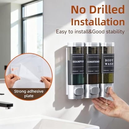 Shampoo and Conditioner Dispenser,Shower Soap Dispenser 3 Chamber No Drill Wall-Mounted for Bathroom & Hotel Leak-Proof Pumps, for Thick Liquids Like Conditioner - 1050ML High Capacity, Silver - color: Silver