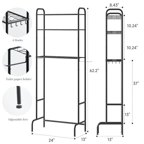 STDDRE 3-Tier Over The Toilet Storage Space Saver with Paper Holder Freestanding Rack Metal Bathroom Shelves with Hooks Above The Toilet Storage Shelf (Black, 3 Tier) - color: Black