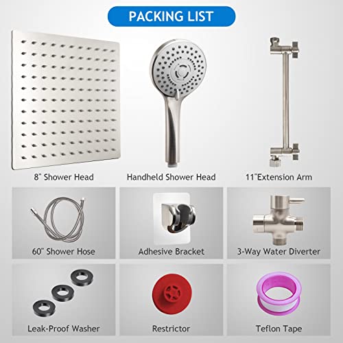 Shower Head Combo(Brushed Nickel),8 Inch High Pressure Rain Shower Head with 11 Inch Adjustable Extension Arm and 5 Settings Handheld Shower Head Combo,Powerful Shower Spray Against Low Pressure Water - color: Brushed Nickel, size: 8" Showerhead Set