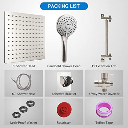 Shower Head Combo(Brushed Nickel),8 Inch High Pressure Rain Shower Head with 11 Inch Adjustable Extension Arm and 5 Settings Handheld Shower Head Combo,Powerful Shower Spray Against Low Pressure Water - color: Brushed Nickel, size: 8" Showerhead Set