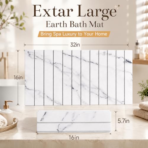 32"×16" Large Stone Dish Drying Mat for Kitchen Counter, White | Long Foldable Diatomaceous Earth Bath Mat, Super Absorbent Quick Drying Mat for Kitchen, White Marble