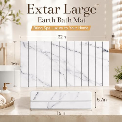 32"×16" Large Stone Dish Drying Mat for Kitchen Counter, White | Long Foldable Diatomaceous Earth Bath Mat, Super Absorbent Quick Drying Mat for Kitchen, White Marble