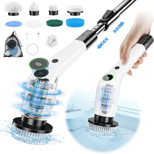 PUFTEM Electric Spin Scrubber, Cordless Shower Scrubber, Adjustable Handle | Dual Speed, 8 Replaceable Brush Heads, Adjustable Extension Handle, Battery Level Display, Bathtub, Tile & Floor Cleaning - color: Black