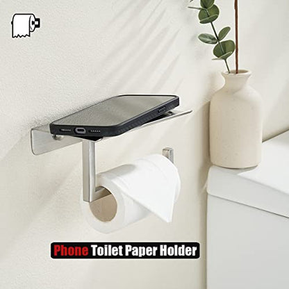JQK Toilet Paper Holder Shelf, Bathroom Tissue Roll Holder with Phone Shelf, 5 Inch 304 Stainless Steel Tissue Paper Dispenser, Brushed Finished Wall Mount, TPH202-BN-T - color: Brushed