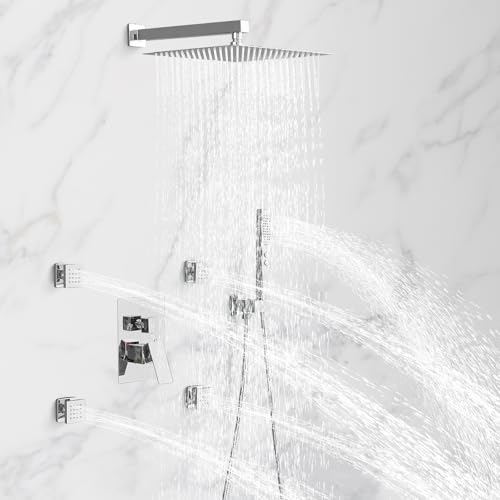 RUMOSE Rainfall Shower System with 4 Full Body Jet 4 Mode Shower Faucet Set | 12 Inch Rain Shower Head, 2 in 1 Handheld Spray, Polished Chrome Brass Shower Jet Shower Fixtures, Wall Mounted - color: Polished Chrome