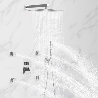 RUMOSE Rainfall Shower System with 4 Full Body Jet 4 Mode Shower Faucet Set | 12 Inch Rain Shower Head, 2 in 1 Handheld Spray, Polished Chrome Brass Shower Jet Shower Fixtures, Wall Mounted - color: Polished Chrome