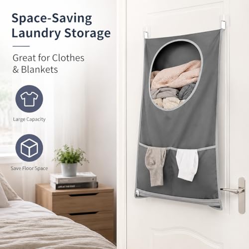 Hanging Laundry Hamper Bag with Over Door Hooks & Adhesive Hooks,Wall Mount Dirty Clothes Storage Basket with Bottom Zipper,Waterproof Oxford Fabric Door Hanging Laundry Bag for Towels Toys Blankets S