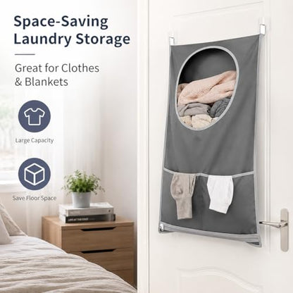 Hanging Laundry Hamper Bag with Over Door Hooks & Adhesive Hooks,Wall Mount Dirty Clothes Storage Basket with Bottom Zipper,Waterproof Oxford Fabric Door Hanging Laundry Bag for Towels Toys Blankets S