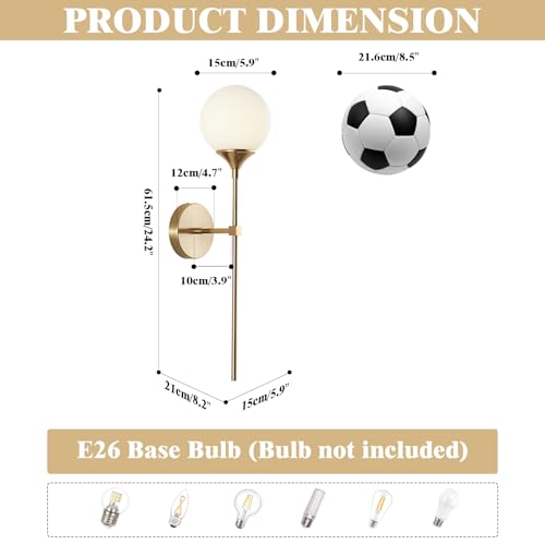 KCO MCM Brushed Gold Frosted White Milk Glass Globe Wall Sconces Set of 2 | Reversible Up/Down Mount, Long Vertical Rod, Brass Hardwired E26 Wall Light Fixture for Bedroom Bathroom Hallway Stairwell - color: White