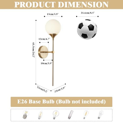KCO MCM Brushed Gold Frosted White Milk Glass Globe Wall Sconces Set of 2 | Reversible Up/Down Mount, Long Vertical Rod, Brass Hardwired E26 Wall Light Fixture for Bedroom Bathroom Hallway Stairwell - color: White