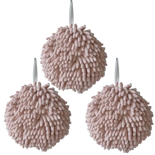 Ivymei 3 Pack Fuzzy Chenille Hand Towels Ball,Hanging Hand Towel with Loop for Kitchen Bathroom,Quick Dry Absorbent Hand Bath Towel(Pink) - color: Pink