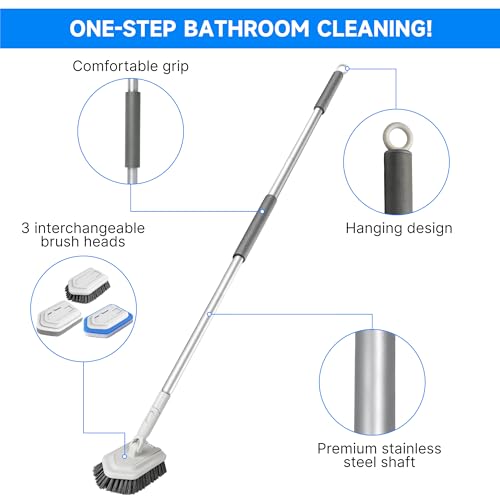 Tile Tub Scrubber Brush with Different Function Cleaning Heads and No Scratch Shower Scrubber for Bathroom Toilet Wall,Bathtub,Sink, and 10 Pack Magic Sponges Eraser(Gray) - color: Gray