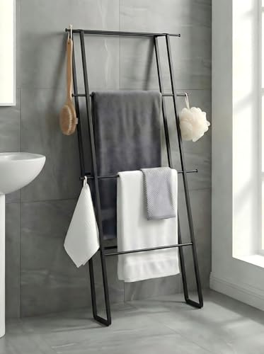 CANYAVE Metal Leaning Ladder Towel Rack, 4-Tier Blanket Stand for Bathroom Living Room, No Drilling Quilt Storage Organizer (Matte Black) - color: Matte Black