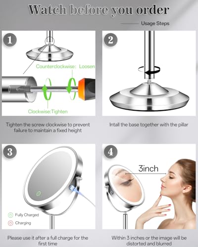 1X/30X 8" Magnifying Makeup Mirror with Lights Height Adjustable for Desk | 3000mAh Rechargeable Lighted Magnifying Mirror Double Sided Vanity Mirrors with 3 LED Lighting Touch Dimmable for Women Gift