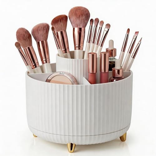 360 Rotating Makeup Brush Holder Organizer, 5-Slot White Spinning Cup for Women, Vanity Desk & Bathroom Storage for Cosmetics and Beauty Tools Accessories