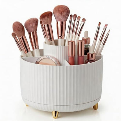 360 Rotating Makeup Brush Holder Organizer, 5-Slot White Spinning Cup for Women, Vanity Desk & Bathroom Storage for Cosmetics and Beauty Tools Accessories