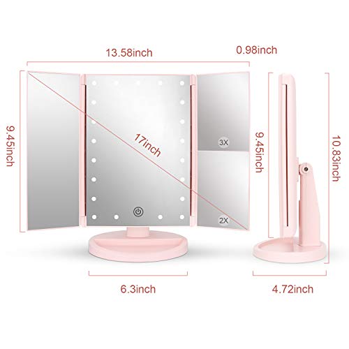 Tabletop Mount Tri-Fold Lighted Vanity Mirror with 21 LED Lights, Touch Screen and 3X/2X/1X Magnification, Two Power Supply Modes Make Up Mirror,Travel Mirror - color: Pink