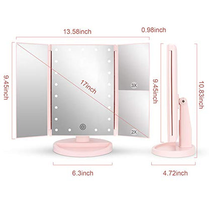 Tabletop Mount Tri-Fold Lighted Vanity Mirror with 21 LED Lights, Touch Screen and 3X/2X/1X Magnification, Two Power Supply Modes Make Up Mirror,Travel Mirror - color: Pink