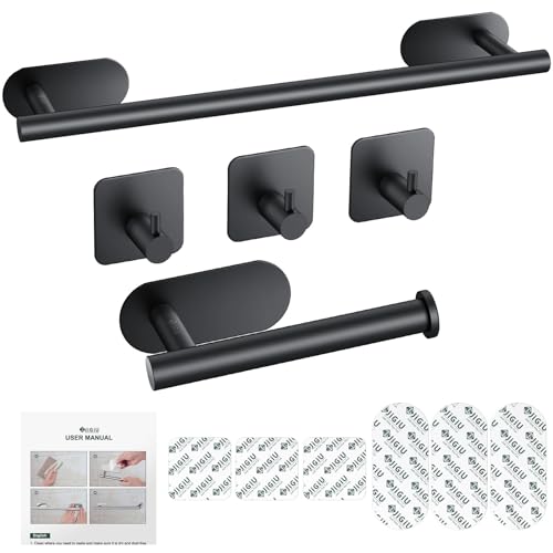 JiGiU 16-Inch Towel Bar, Self Adhesive Bath Hardware Set Bathroom Towel Holder with Toilet Paper Holder & 3 Packs Towel Hooks Stainless Steel Bathroom Hardware Accessory Kit, No Drilling-Black | Wall Mounted Towel Holder, Bathroom Accessories, Stainless S