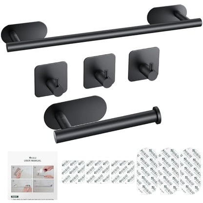 JiGiU 16-Inch Towel Bar, Self Adhesive Bath Hardware Set Bathroom Towel Holder with Toilet Paper Holder & 3 Packs Towel Hooks Stainless Steel Bathroom Hardware Accessory Kit, No Drilling-Black | Wall Mounted Towel Holder, Bathroom Accessories, Stainless S