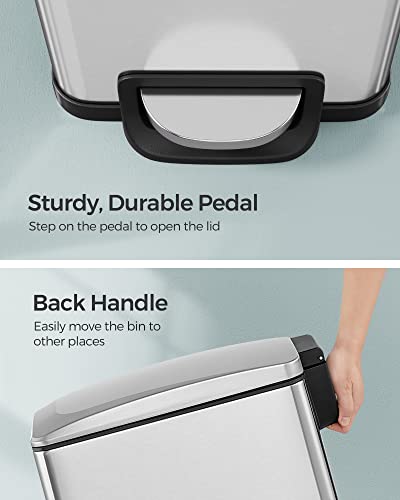 SONGMICS Slim Trash Can, 13-Gallon (50 L) Garbage Can for Narrow Spaces with Soft-Close Lid, Inner Bucket, and Step-on Pedal, Stainless Steel, 15 Trash Bags Included, Silver ULTB510E48 - color: Silver, style: 13 Gal.