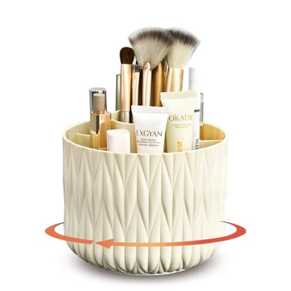 360° Rotating Makeup Brush Holder, 5-Slot Vanity Organizer Beige | Stores Lipsticks, Pens & Pencils; Cute Caddy For Office, Art & Desk - color: Beige