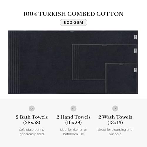BW Luxe Home - 100% Soft Turkish Cotton 6 Piece Black Towel Set (2 Bath, 2 Hand, 2 Wash). 600 GSM, Combed Natural Yarn for Fast Drying & Excellent Absorption. Hotel & Spa Luxury Quality. - color: Rich Black