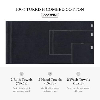 BW Luxe Home - 100% Soft Turkish Cotton 6 Piece Black Towel Set (2 Bath, 2 Hand, 2 Wash). 600 GSM, Combed Natural Yarn for Fast Drying & Excellent Absorption. Hotel & Spa Luxury Quality. - color: Rich Black
