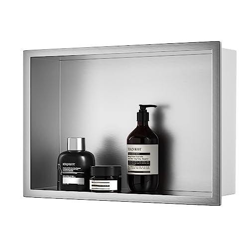 Stainless Steel Shower Niche 18" X 12" Brushed No Tile Needed | Recessed shower niche,bathroom niche shower for shampoo & soap storage,space-saving,horizontal built-in shower niche shelf - color: Brushed, size: 18" X 12"