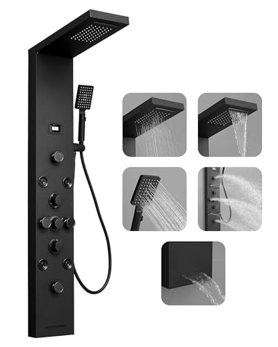 5 IN 1 Shower Panel Stainless Steel Shower Tower Panel System Matte Black | Rainfall Waterfall Shower Head with Handheld Shower Massage Body Jets with Tub Spout Shower System by Homevacious - color: Matte Black, style: 5 In 1 Shower Panel